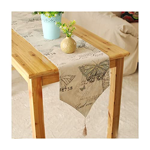 Chemin de table en lin décoration de mariage vintage jaune et beige au motif papillon