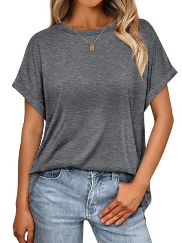 Cuptacc Camiseta Mujer Verano Cuello Redondo Manga Corta Oversize Básica Unicolor Gris Oscuro Talla S 34-36