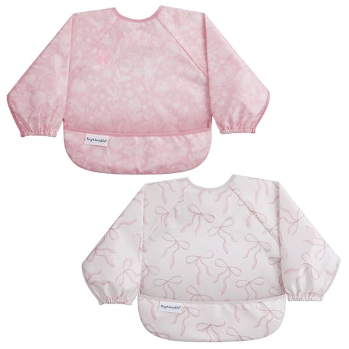 Image of Tiny Twinkle Long Sleeve Bib for Babies & Toddlers | 2-Pack Waterproof Smock Bib for Eating | Machine Washable & Mess-Proof Feeding Essentials | Newborn Shower Gift (Toile,Bows, 6-24M)
