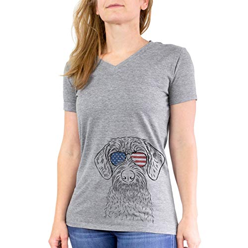 Patriotic Gus The German Wirehaired Pointer Women's Triblend T-Shirt Modern Fit V-Neck Small Grey