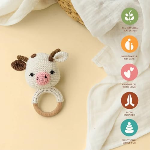 Image of Newborn Gift Set | Crochet Rattle & Muslin Swaddle Combo | Newborn Gift idea | Gifting for Infants /Babies | 100% Muslin swaddlecloth | Toy for Gifting| 3 Months + (AMBA Rattle with Swaddle)