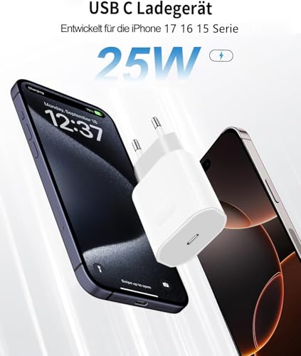 25W USB C Ladegerät Ladekabel für iPhone 17 16 16e 15/17 16 15 Pro Max/16 15 Plus, iPad Pro/Air/10.11.Generation, USB C Adapter Schnellladegerät Netzteil Stecker mit 1M Kabel Schnellladekabel
