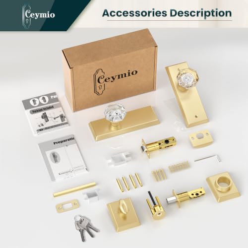Image of Crystal Passage Knobs with Single Cylinder Deadbolt Lock, Brushed Gold