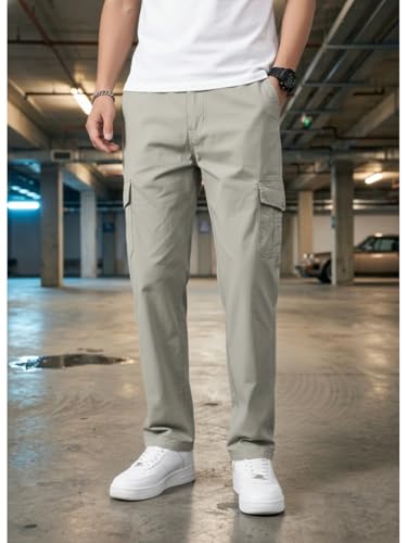 Image of Men's Cargo Trousers-100% Premium Cotton Regular Fit Lightweight Breathable Elastic Waist Multi-Pocket Casual Utility Pants