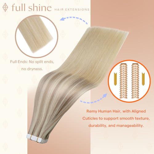 Image of Full Shine Tape Ins Human Hair Extensions, Pearl Blonde Ombre 14 Inch | 50g 20PCS, Double Sided Human Hair Extensions Tape in, Brazilian Style Soft Silky Texture Smooth Casual Styling