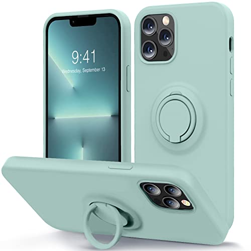 MOCCA Compatible with iPhone 13 Pro Case 6.1 inch with Ring Kickstand | Liquid Silicone | Microfiber Linner | Anti-Scratch Full-Body Shockproof Protective Case for iPhone 13 Pro Women Girl - Mint