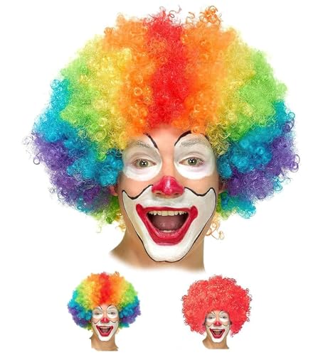 Wrzbest 2 Funny Clown Curly Afro Wigs Rainbow Wigs Colorful Clown Wig Crazy Afro Wig 70s 80s Disco Theme For Youth Adult Women Mens Party Halloween Costume Prank (Red Multicolor)