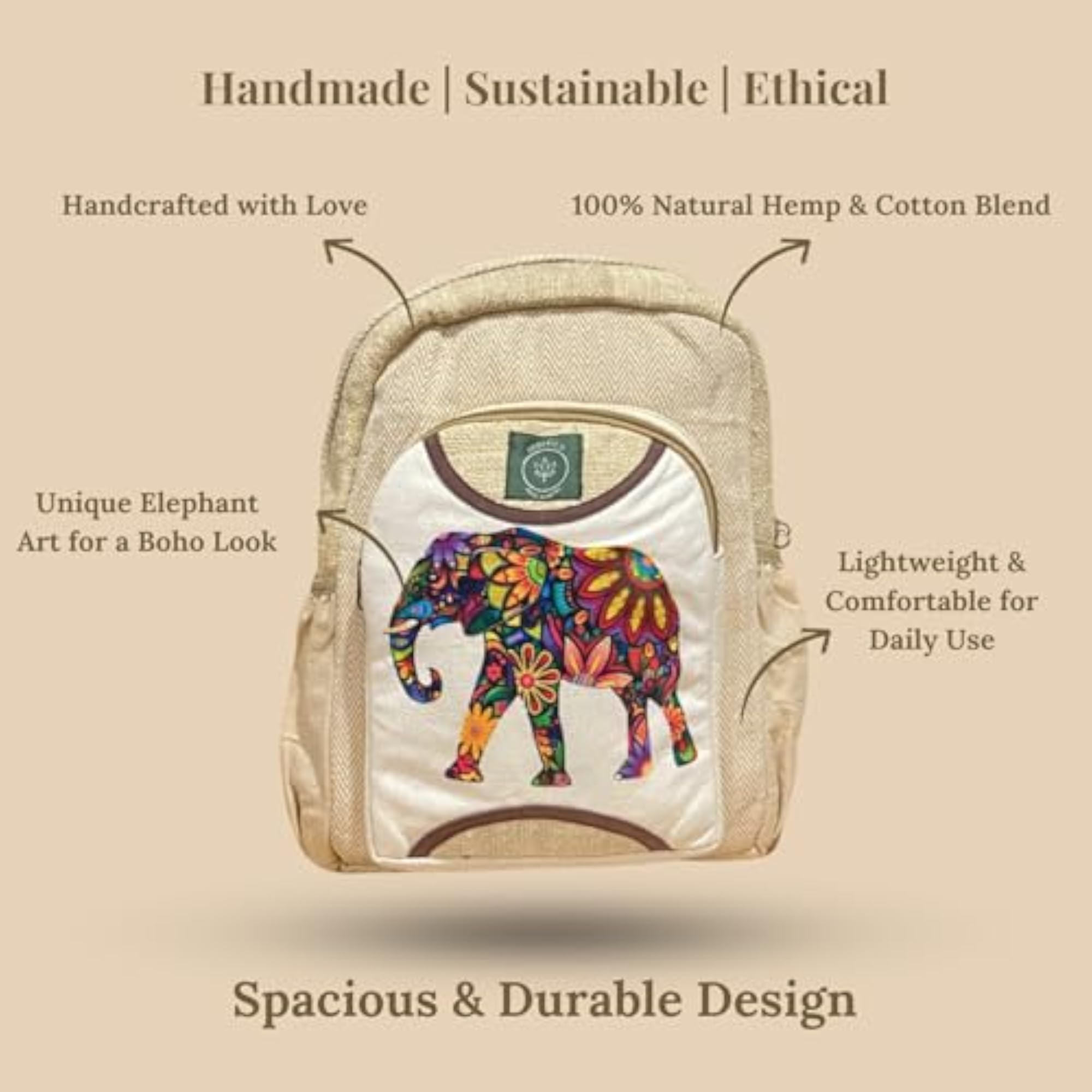 Cute Small Hemp Backpack with Floral Elephant Print