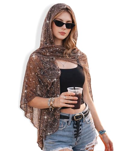 JENSVOIR Shawl Wraps for Women Coffee Sequin Rave Scarf Sparkling Headscarf Hijab Neck Scarf for Evening Dress Beach Cover Up