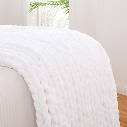 Yaapsu Chunky Knit Blanket Throw 40X80, Chenille Throw Blankets, Chunky Knitted Throw Blanket For Couch & Bed, Soft Large Knit Throw Blankets Chunky Yarn, Big Thick Cable Knit Blankets (White) #TOP5