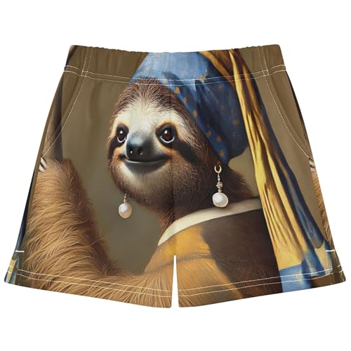 Girls Shorts Artistic Sloth Pearl Earring Print Cute Athletic Summer Activewear Pajama Shorts Teens Kids, X-Small