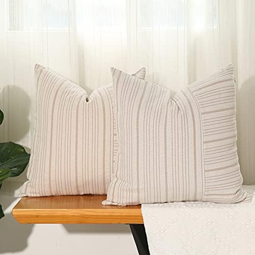 Hckot Khaki and Beige Patchwork Farmhouse Throw Pillow Covers 18 x 18 Inch Set of 2 Stripe Textured Linen Boho Decorative Pillows for Sofa Couch Chair Bedroom Modern Decor(Khaki)