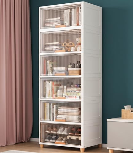 Image of HOMIFLY 6 Tier X-large Plastic Wardrobe for Clothes /Multipurpose Stackable Storage Cabinet /Foldable Space Saving Almirah for Bedroom /Cupboard Organizer for Clothes, Toys, Kitchen(White & Transparent)