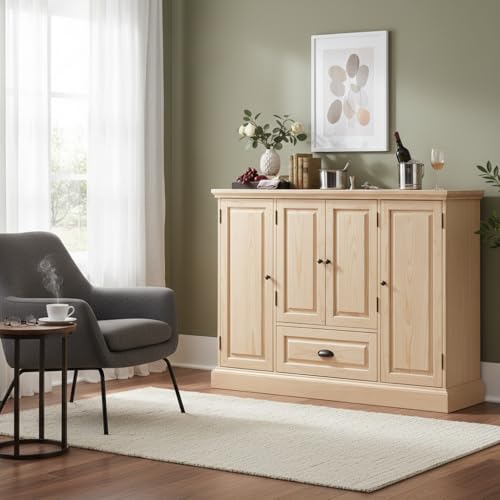 Image of APRODZ Solid Mango Wood Bar Cabinet for Home and Bar |Peetz Royal Stylish Wooden Wine Storage Rack with Drawer, Glass Holder & Bottle Organizer Drink Wine Rack Organizer for Living Room,Natural Finish