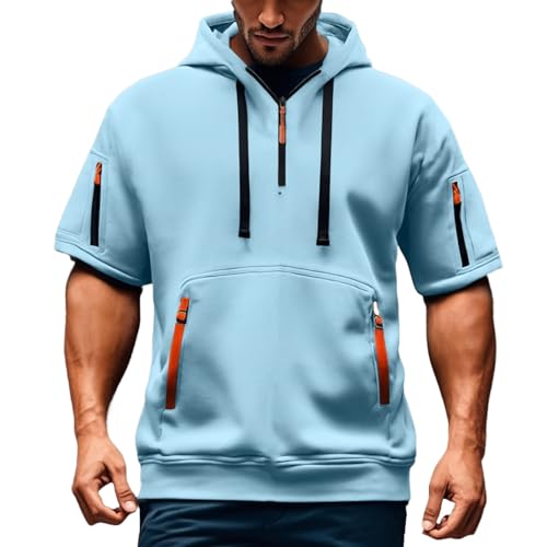 Summer 1/4 Zip Up Hoodies T-Shirt for Men Short Sleeve Workout Athletic Hooded Shirt Pullover Casual Tops Vests with Pockets(A09 Light Blue,M)