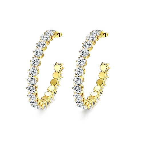 AiliFe Large Cubic Zirconia Hoop Earrings for Women,14K Gold Plated Sparkling Rhinestone Big Huggie Hoop Earrings Luxury Hypoallergenic CZ Earrings(30mm, Round 4mm CZ, Gold) by AiliFe - Used condition - US$6.04