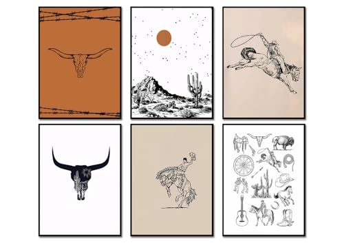 Vintage Western Cowboy Poster Set of 6, Southwestern Wall Art Longhorn Bull Skull Wall Decor Mid Century Retro Desert Canvas Painting Prints for Bedroom Living Room Dorm 12x16 inch Unframed