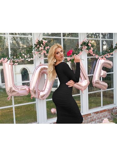 BEAGIMEG Women's Sexy Bodycon Long Sleeves Ruched Square Neck Party Club Midi Dress3