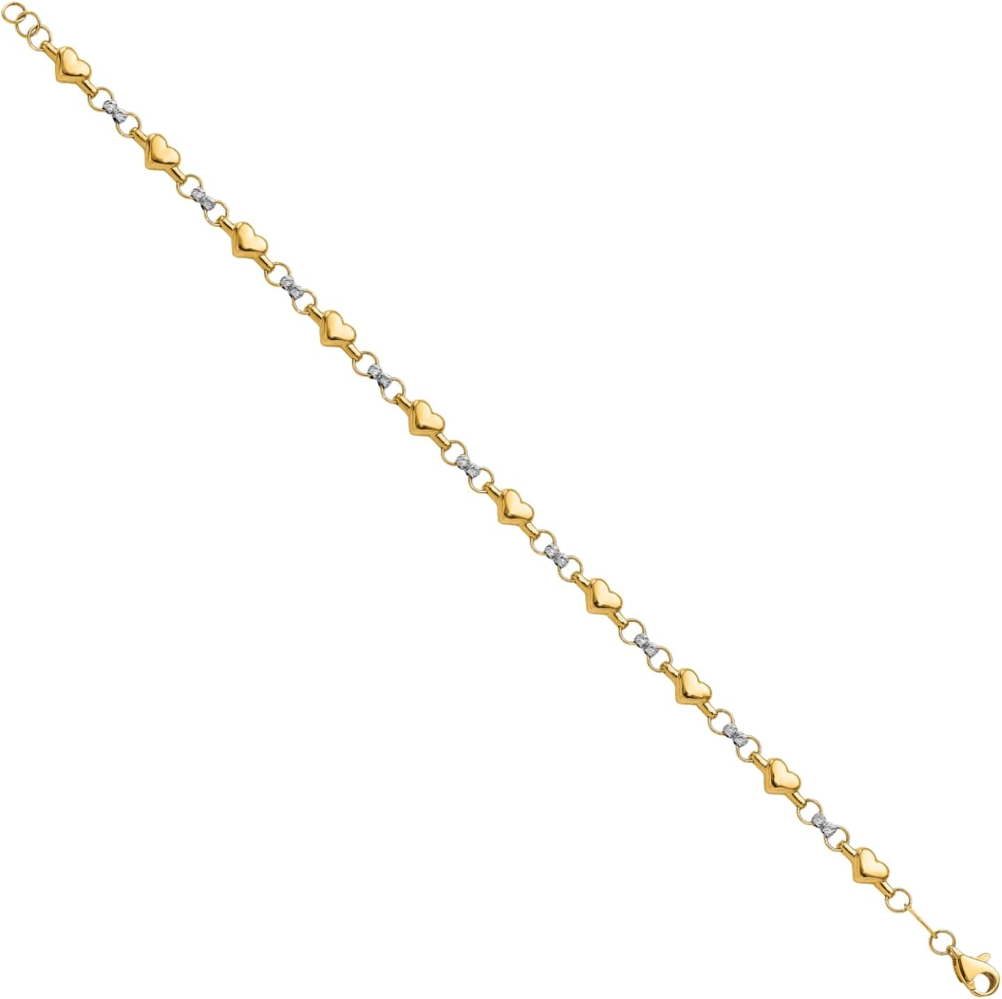 IceCarats 14K Solid Two Tone Gold Link Chain Heart Charm Bracelet 7.5 inch Polished For Her