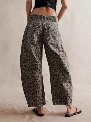 Women Leopard Barrel Jeans, Mid Rise Camo Pants Wide Leg Graphic Trousers Baggy Boyfriend Denim Pants with Pockets4