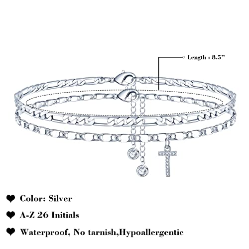 Image of Ursteel Ankle Bracelets for Women, 14K-Gold-Plated Dainty Layered Chain CZ Initial Anklets Set Summer Jewelry Gifts for Women