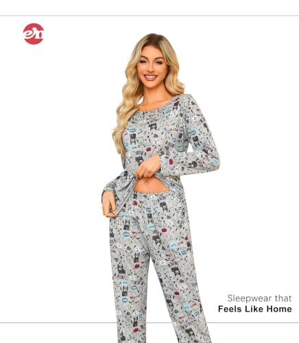 Image of ENJOYNIGHT Womens Pajama Set Cotton Pjs Long Sleeve Sleepwear with Pockets