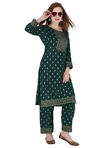 Image of Women's Rayon Printed Kurta with Palazzo Set (Small, Green Palazzo Set)