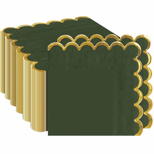 FALIZIFU 50 Pieces Green Scalloped Napkins with Gold Foil 2-Ply Green and Gold Disposable Scalloped Cocktail Napkins Paper for Dinner Wedding Baby Shower Birthday Party Dessert Beverage Napkin