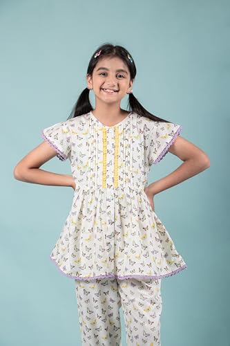 Image of Tweeny Mini Girls Kids Pure Cotton Nightsuit | Nightwear | Sleepwear | Nightdress with Pajama and Halfsleeve Top Cute Butterfly Printed with Eye Mask