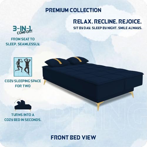 Image of Adorn India Premium New Alyssum 3 Seater Sofa Cum Bed 4X6 Velvet Suede with 2 Cushions (Color Blue) and Suitable for All Indoor, with 3 Years Warranty