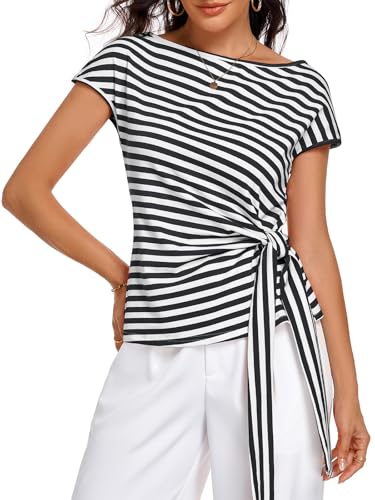 Image of HOTIAN Womens Cap Sleeve T Shirts 2026 Tie Waist Wrap Tops Crew Neck Blouses Dressy Casual Loose Work Business Dressy