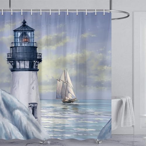 Jipusai Art Blue Lighthouse Shower Curtain Sets for Bathroom, Sunrise Ocean Theme Bath Curtain, Waterproof Nautical Shower Curtain Bathroom Decor Curtain with Hooks,75X75IN - Image 2
