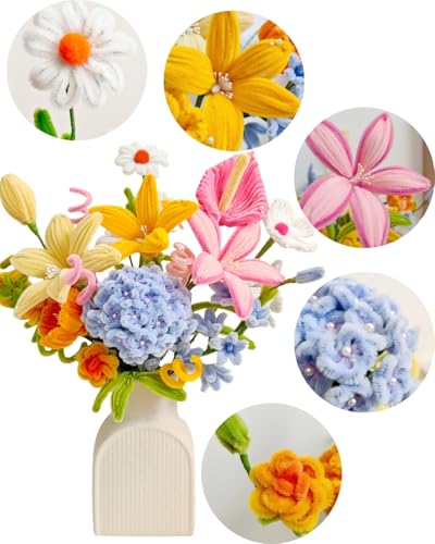 YYUENG TAK 500 Stück Dopamin-Farben Pfeifenreiniger Blumen set,Geschenkbox enth Anweisungen,25 Blumendraht,100 Staubblatt,Perle,pompons,2 Klebeband,pfeifenputzer zum basteln Blumen Basteln & Diy