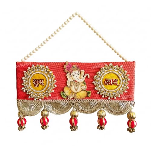 Image of Divyakosh Traditional Ganesh Shubh Labh Door Hanging with Pearl String, Red and Gold Design, Decorative Tassels, 30 x 18 cm