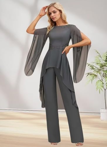 2 Pieces Chiffon Mother of The Bride Pant Suits for Wedding Lace Appliques Formal Outfits Ruffle Sleeve Pantsuits3