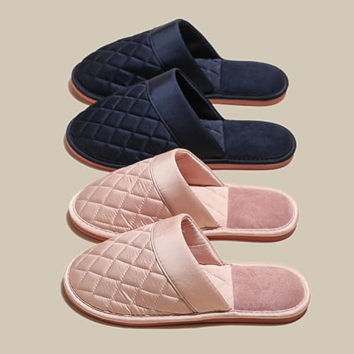 Satin Couple Home Slippers for Spring & Autumn, Indoor Closed-Toe Bedroom Slip-ons with Rhombic Pattern2
