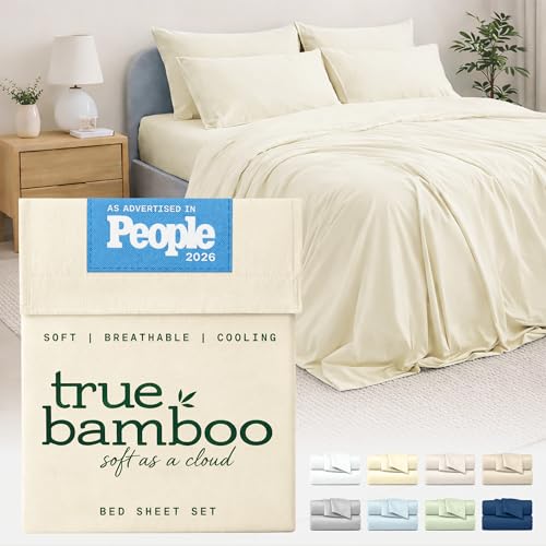 Image of TRUE BAMBOO Sheets Set California King Size - Silky Soft Luxe 4 Piece Bed Sheets with Breathable & Moisture-Wicking Fabric - 16 inch Deep Pocket with Corner Straps