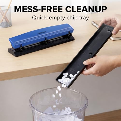 Image of Bostitch 3-Hole Punch, 15 Sheet Capacity, Heavy Duty All-Metal Paper Punch, Non-Slip Base, Easy-Empty Chip Tray, 9 /32 inch Holes, Fits Standard 3 Ring Binders, Office, School & Home, Blue