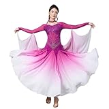 [BEYLOR] 社交ダンスドレス モダンダンス衣装 ラメデザイン 長袖 飄逸袖 フロート付き 首飾り付き 指穴が付き ラインストーン付き 裾が広がる ワンピース 高級 ボールルーム衣装 演出用 イベント 練習着 競技着 フラメンコ ワルツ タンゴ ウェア（マジェンタ,M）