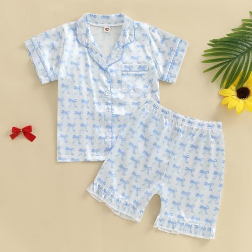 FULA-bao Toddler Baby Girl Silk Pajamas Set Bow Button Up Short Sleeve Shirts Tops and Shorts Floral Girl Satin Pj Sleep Set2