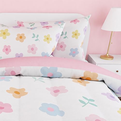 Image of SANDJEST Floral Comforter Set Full Size 98x86in for Kids Girls, Microfiber 4 Pieces Bedding Set Includes 1 Comforter, 2 Pillowcases, 1 Fitted Sheet, Nursery Room Decor