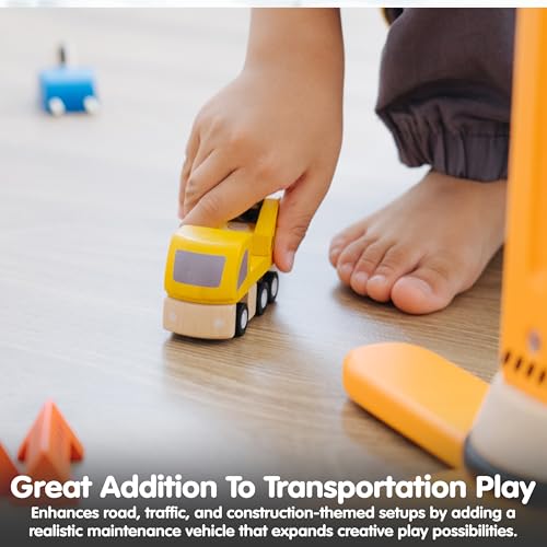 Image of PlanToys Highway Maintenance Wooden Montessori Vehicle and Imaginative Play Set | Creativity, Language and Social Skill Building Activity | Eco Friendly Construction Truck Set