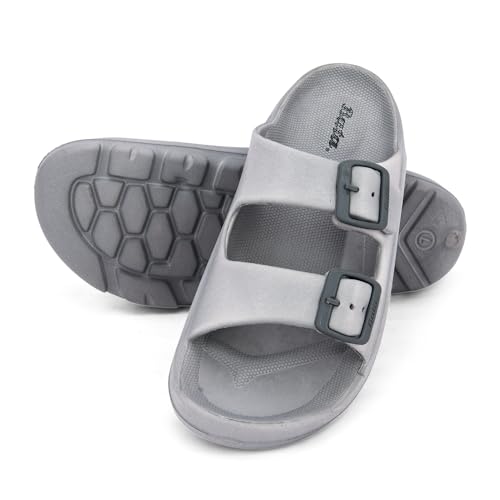 Image of Bata Men's Double Strap Slide Sandals, Grey, EVA Material, Adjustable Buckle, Textured Footbed, Casual Comfort, Open Toe