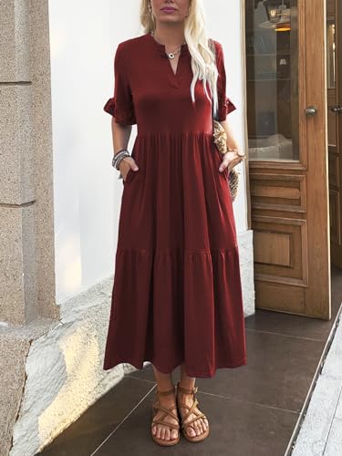 Short Sleeves Maxi Dress for Women A Line Summer Dress V Neck Casual Loose Tiered Long Dresses with Pockets2