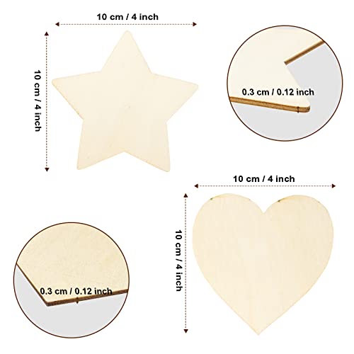 100Pcs Unfinished Blank Wood Pieces, 4 X 4 Inch Natural Wooden Slices Star & Heart Shape Cutouts For Diy Crafts Pyrograph Painting Staining Burning Engraving Carving Coasters #TOP1