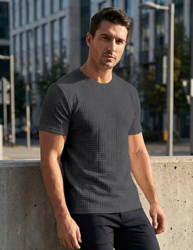 Image of JMIERR Mens T-Shirt Casual Stretch Solid Crewneck Short Sleeve Tees Textured Shirts