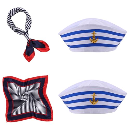 GWAWG 4-teiliges Kostüm-Set Kapitän Matrosen, Hut und Schal für Matrosen, gestreift, Marineschiffmütze, Marineblau, für Damen und Herren