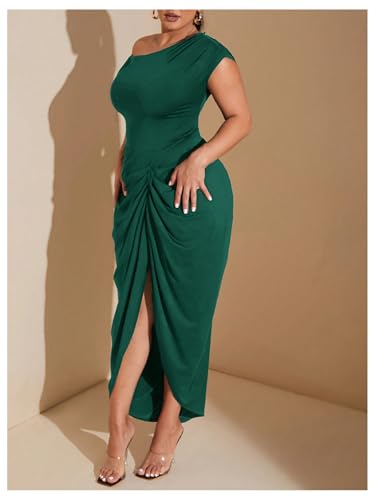 Image of Floerns Women's Plus Size Asymmetrical Neck Long Dress Ruched Slit Hem Cocktail Dress