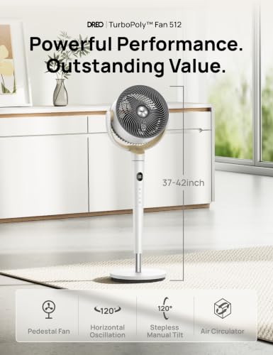 Image of DREO Fan for Bedroom, 120 Oscillating Standing Fan, Quiet Pedestal Fan with DC Motor, 9 Speeds, 4 modes, 120 Manual Vertical, 37-42 inch Adjustable Height, 9H Timer, White