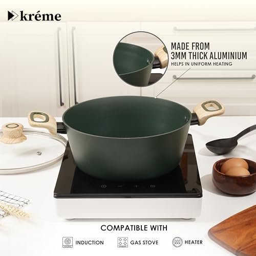 Image of Kreme Venetia Premium Series 4-Piece Granite Casseroles Cookware Set with Lid | Non-Stick Aluminium Cooking Pot | Granite Coating | Induction & Gas Stove Compatible | Healthy Low-Oil Cooking, Green